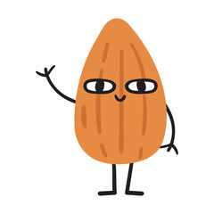 Almond. Cute and funny character. Flat vector illustration on white background.