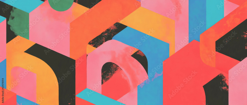 Poster vibrant geometric tessellations with colorful repeating shapes in a playful design