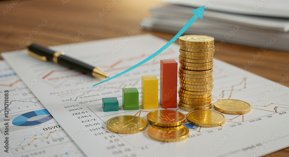 Poster financial chart model with arrow in background of annual business report . generative ai