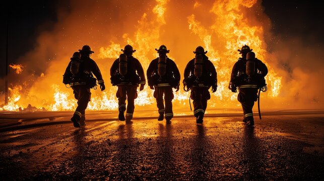 A silhouette of five firefighters walking in front of an intense fire at night, with flames illuminating their silhouettes against the dark sky.
