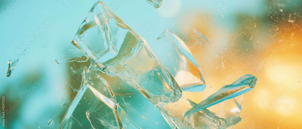 Poster intricate details of shattered glass demonstrating transparency and fragility in sunlight