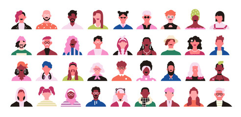 Face avatars set. Modern people, head portraits, diverse male and female characters. Creative trendy style user profiles, men and women. Colored flat vector illustrations isolated on white background