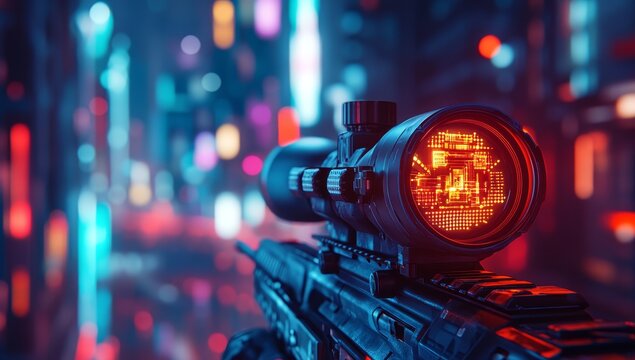 Close-up of a sniper scope with futuristic city lights in the background.