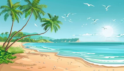 Obraz premium A picturesque tropical beach with swaying palm trees, sparkling blue water, and white sandy shore under a bright sunny sky.