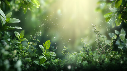 Vibrant Herbal Garden with Basil, Rosemary, Thyme, and Mint in Golden Sunlight