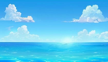 Fototapeta premium A beautiful blue sky with fluffy white clouds reflecting on the calm ocean surface.