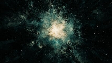 Fototapeta premium Starlit Forest Canopy Underneath a Glowing Night Sky with Cosmic Vibes