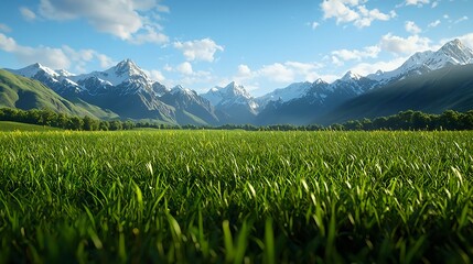 Lush Green Grass Field with Majestic Snow-Capped Mountains