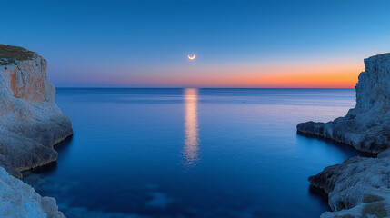 Serene Night Ocean with Crescent Moon