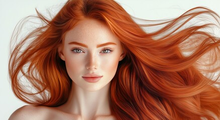 Fototapeta premium Young woman with long red hair poses against light background showcasing her natural beauty