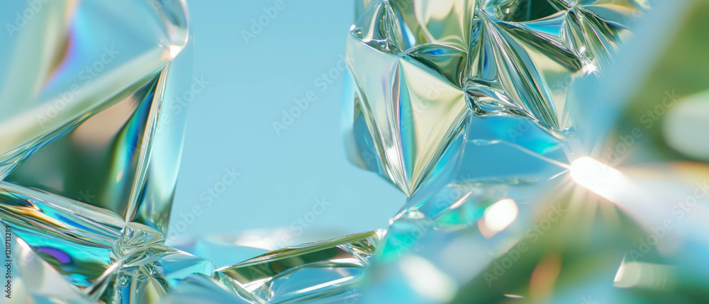 Poster reflection and texture of glass surfaces creating a vibrant visual display in a bright setting