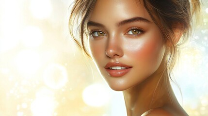 A portrait of a woman with glowing skin and defined facial features, her natural beauty highlighted by minimal makeup and a soft, blurred background.