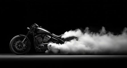 Black motorcycle emitting smoke on dark background in dynamic movement