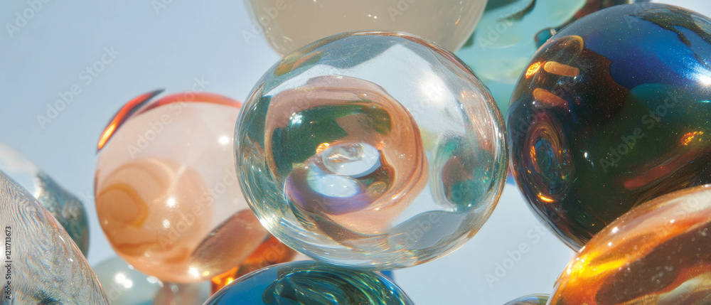 Poster creative display of glass paperweights showcasing unique textures and colors
