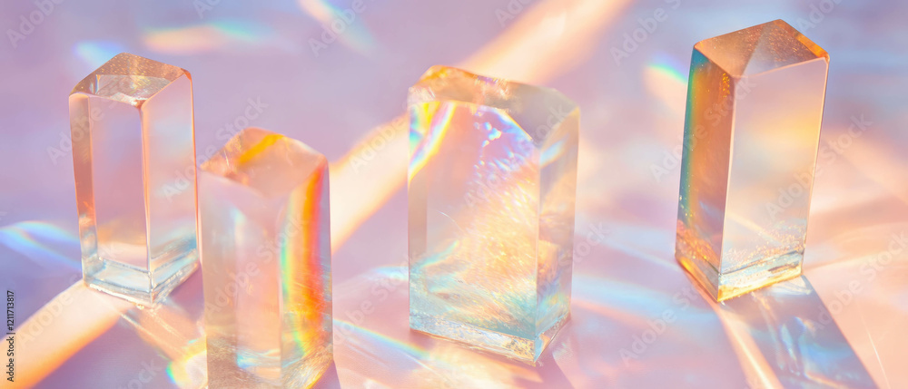 Poster glass prisms displaying vibrant rainbow refractions on a smooth surface