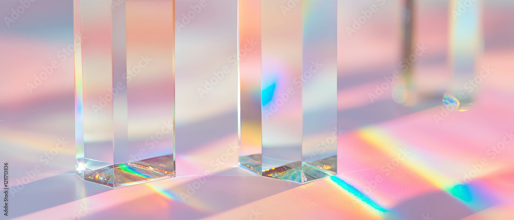 Poster colorful rainbow refractions from glass prisms on a smooth surface with soft lighting