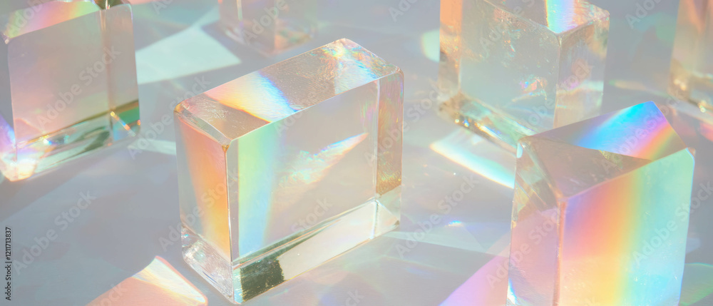 Poster glass prisms create vibrant rainbow reflections and textures in soft light
