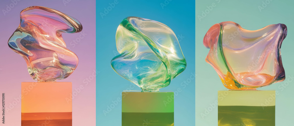 Poster glass sculptures showcase smooth curves and abstract forms in vibrant colors