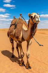 Fototapeta premium Camel walking gracefully across expansive sandy desert under bright blue sky with fluffy clouds