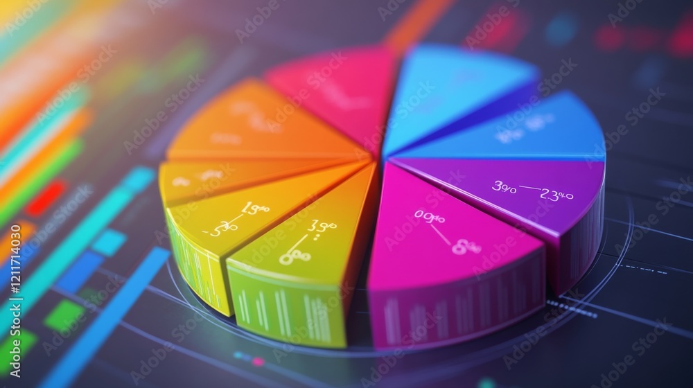 Poster a rotating d pie chart with colorful, layered sections representing data, with numbers and labels fl