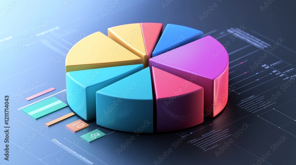Poster a rotating d pie chart with colorful, layered sections representing data, with numbers and labels fl