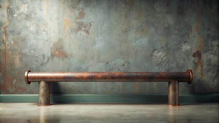 Rustic industrial pipe bench against a weathered wall provides a unique seating option for modern or vintage interior design settings