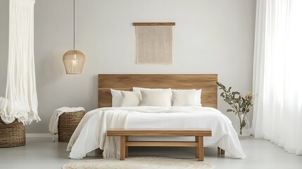 Serene Minimalist Bedroom Interior Design:  Wooden Bed, Neutral Tones, and Natural Light