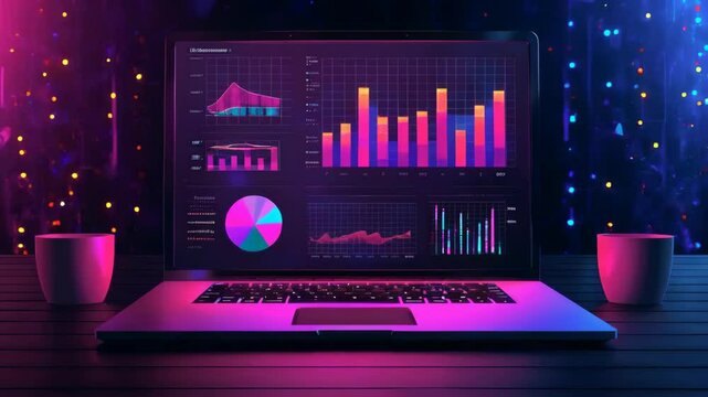 video of Laptop displaying charts and graphs for analyzing business accounting and statistics. Also, pertains to a modern UI/UX business website kit and admin interface