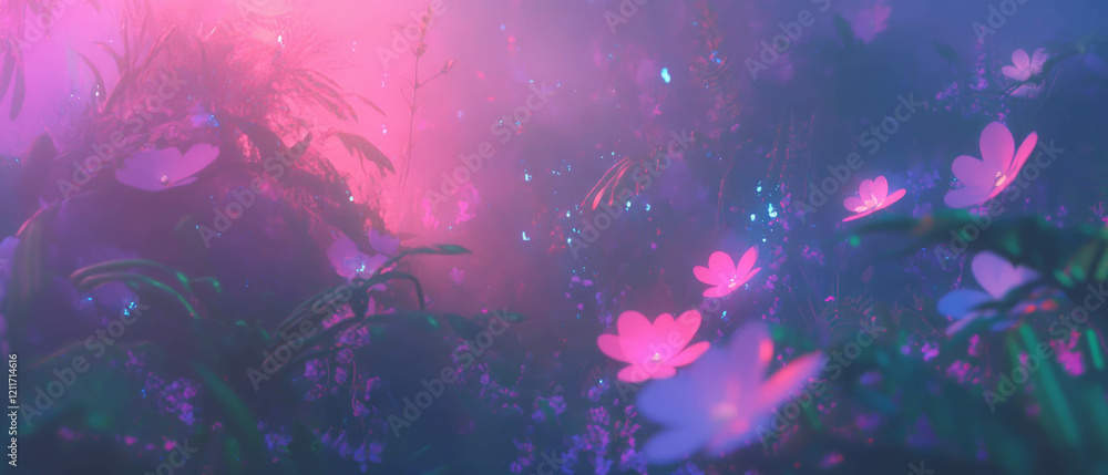 Poster experience the enchanting beauty of glowing flora in a mystical twilight setting