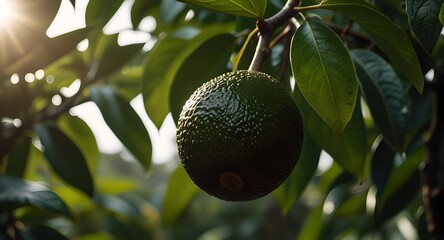 A ripe avocado suspended from a tree branch, illuminated by sunlight that filters through the surrounding leaves.    