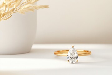 Captivating elegance of a pear shaped engagement ring set against a modern minimalist backdrop showcasing refined beauty and craftsmanship