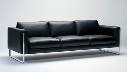 Fototapeta premium Modern Black Leather Sofa with Sleek Chrome Legs