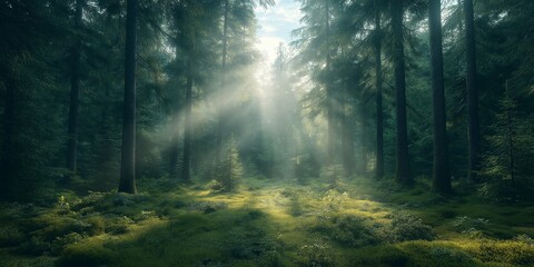 Obraz premium A forest with sunlight shining through the trees