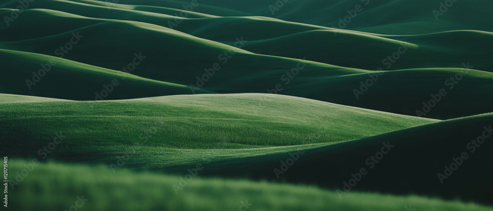 Poster Expansive green fields with uniform texture in a rolling landscape under soft light