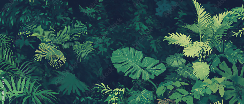 Poster lush green forest with dense trees and varied foliage in a serene landscape