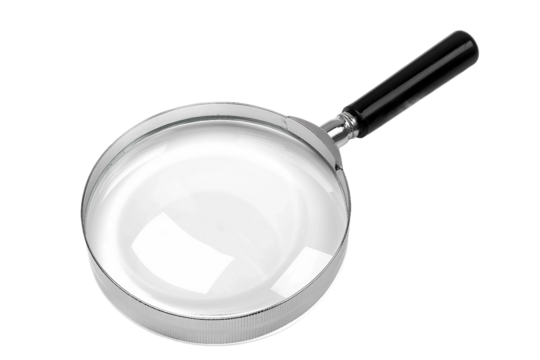 Innovative magnifying glass with black handle showcasing advanced optical technology isolated on transparent background