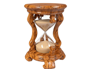 3D rendering of an old wooden hourglass with sand flowing inside white background