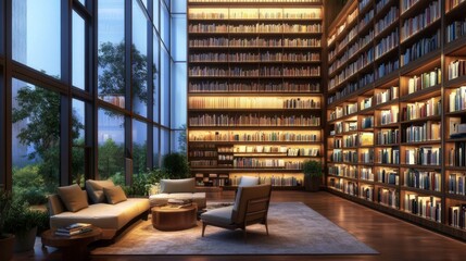 A serene interior of a modern library with tall shelves filled with books, soft lighting, and cozy reading nooks inviting patrons to explore and enjoy their favorite titles.