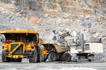 Industrial Mining Operations with Heavy big yellow trucks in open pit mine of gold, copper, iron ore