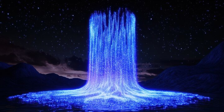 digital waterfall descends from the sky, composed of glowing binary code that flows like liquid light. The ground beneath the cascade is reflective, creating a never-ending loop of cascading data