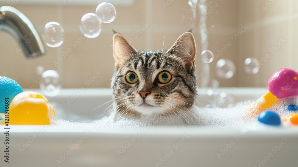Poster a serene scene of a cat relaxing in a bathtub, surrounded by bubbles and colorful bath toys, illustr