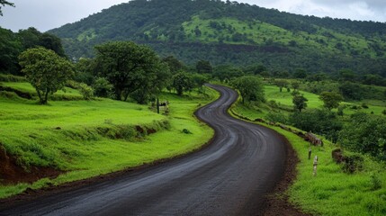 A serene rural road winding through lush greenery, with a single vehicle in motion, capturing the tranquility of countryside transportation