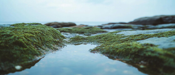 Discovering the beauty of green moss covering rugged rocks by the water's edge