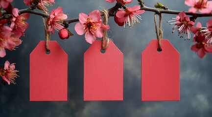 Colorful tags hanging from a flowering branch against a soft backdrop