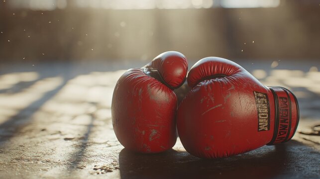 Red boxing gloves with black laces, displayed on a gym ring corner, soft natural light coming from the side