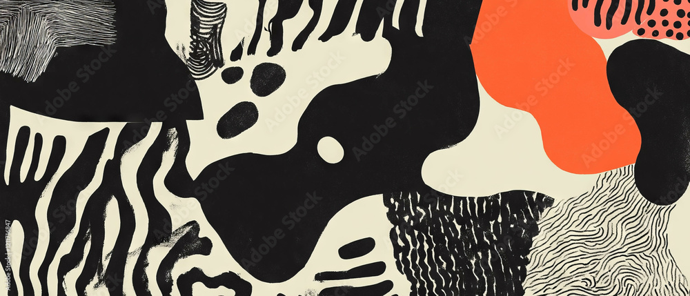 Poster hand-drawn patterns and varied shapes create an artistic texture with bold colors