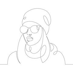 Portrait of a young woman with luxurious long hair wearing sunglasses. One continuous drawing line, logo single hand drawn art doodle isolated minimal illustration.