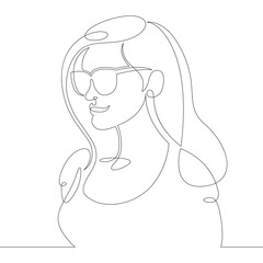 Portrait of a young woman with luxurious long hair wearing sunglasses. One continuous drawing line, logo single hand drawn art doodle isolated minimal illustration.