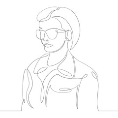 Portrait of a young woman with luxurious long hair wearing sunglasses. One continuous drawing line, logo single hand drawn art doodle isolated minimal illustration.