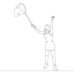 Scientist naturalist entomologist with butterfly net in hand catching butterflies. One continuous drawing line, logo single hand drawn art doodle isolated minimal illustration.